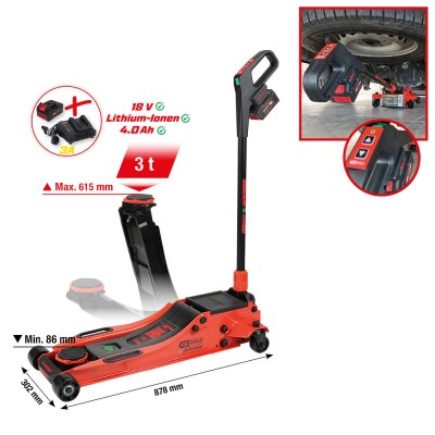 Cric hydraulique à batterie e-Performance, 3 t, hauteur max. 615 mm - KSTools | 160.2010