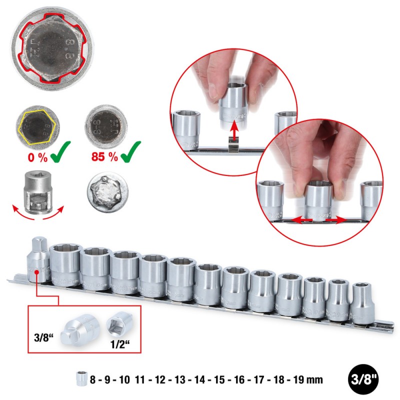 Jeu de douilles 3/8'' RESCUEpower, 13 pcs 8-19 mm - KSTools | 913.3930