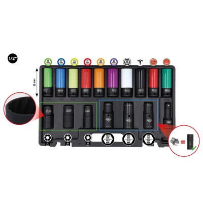 Jeu de douilles à chocs spéciales MASTER 1/2''  pour raccords vissés de roue, 17 pcs - KSTools | 515.0885