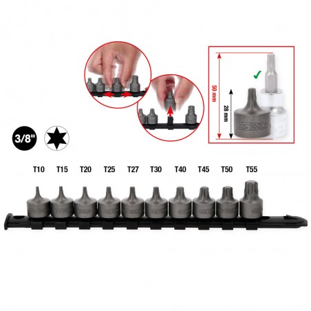 Jeu de douilles à embout 3/8''  TORX, courtes, 10 pcs, T10-T55 - KSTools | 917.4015