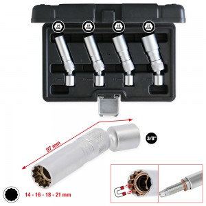 Jeu de douilles pour bougies d’allumage 3/8'' , 4 pcs, magnétiques avec articulation - KSTools | 517.1145