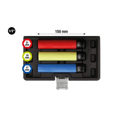 Kit de douille d’impact jantes alu, extra longue, 3 pcs, 1/2'' , 17, 19, 21 mm - KSTools | 515.0865